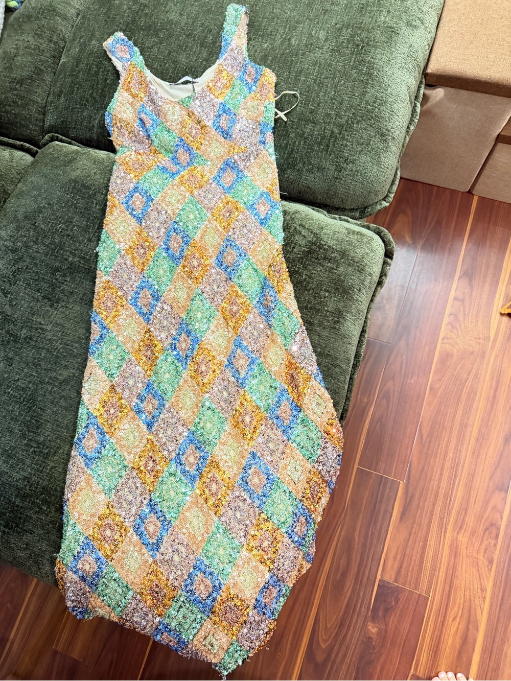 Zara Sequin Patchwork Maxi Dress in Blue, Green & Gold S new with tags